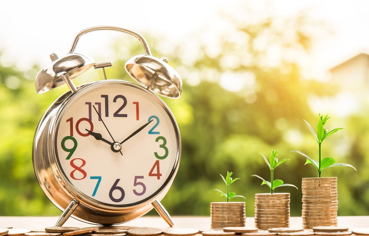 An image of a clock next to three piles of coins that have small plants growing out of them. The image is set outside on a summer's day. Having shorter Portuguese lessons can save money.