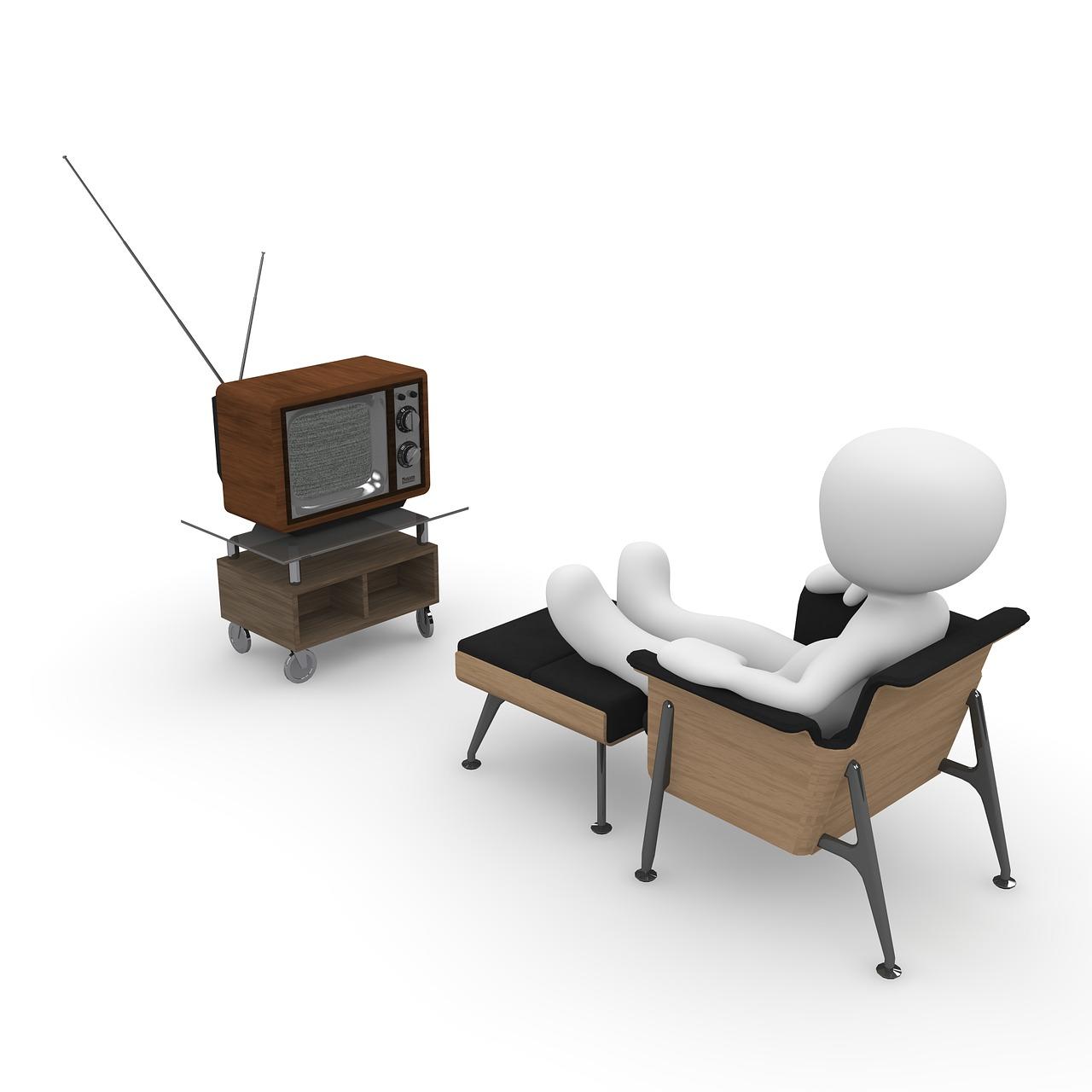 A 3D image of a man sitting down on a chair with his legs on a footstool and watching TV. Watching TV can be a great way to supplement your learning in Portuguese classes.