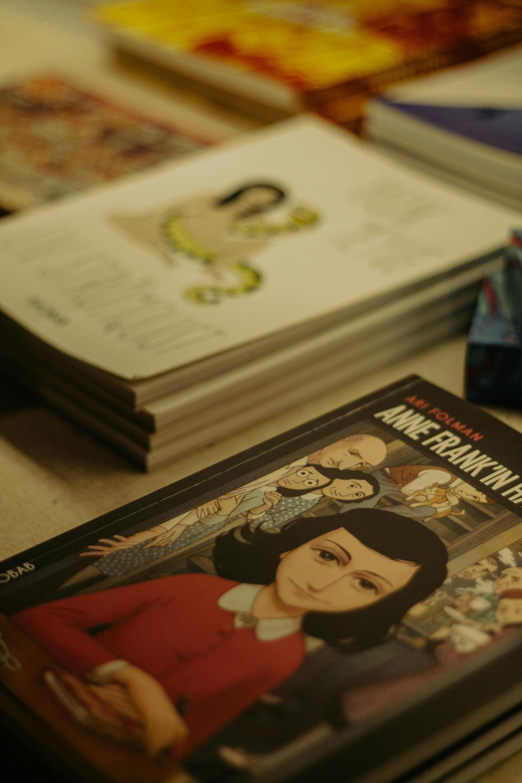 Close-up shot of stacked books.