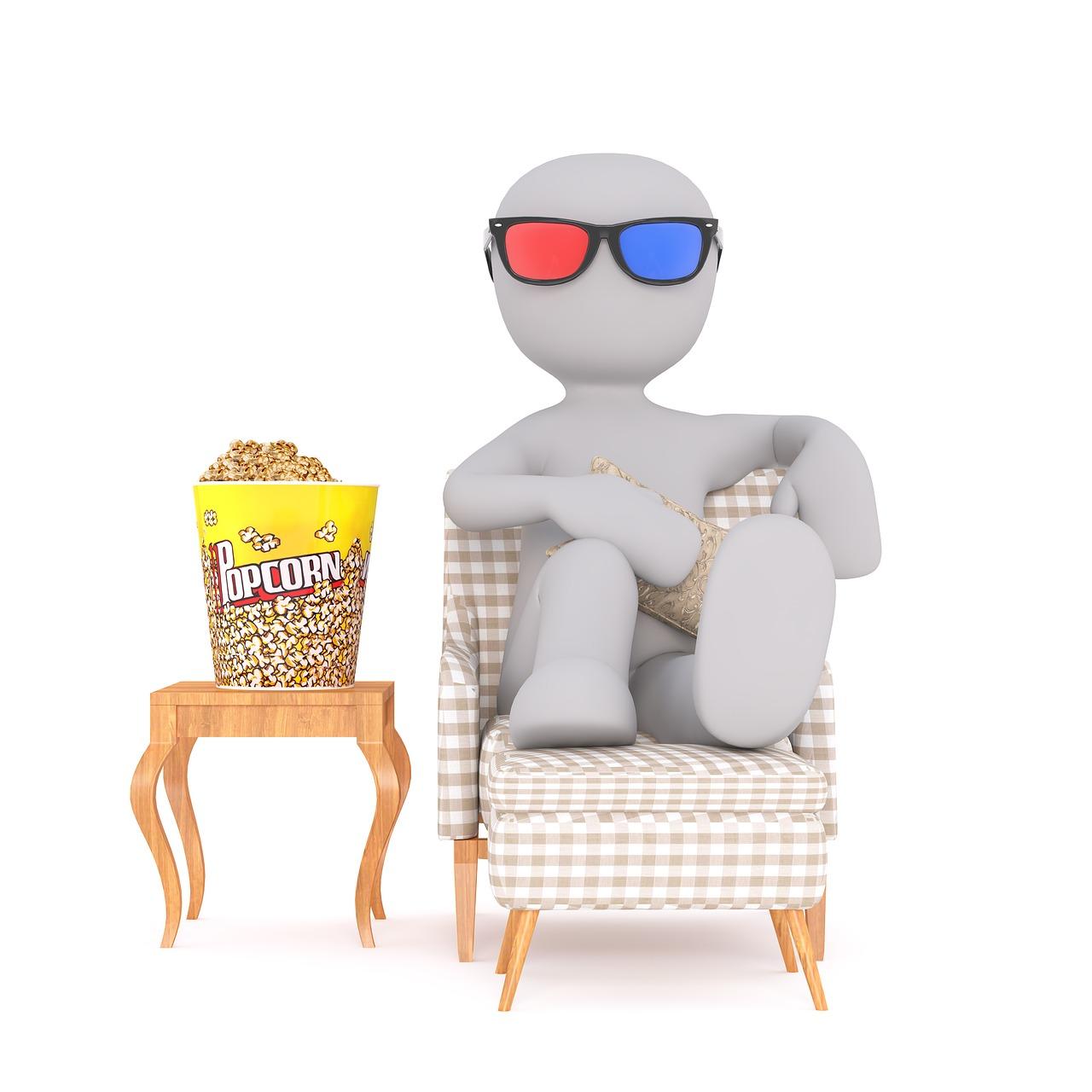 A 3D image of a person sitting in a chair with 3D glasses on with a bucket of popcorn placed next to him on a stool. You can learn Portuguese by watching popular Portuguese films or TV shows.