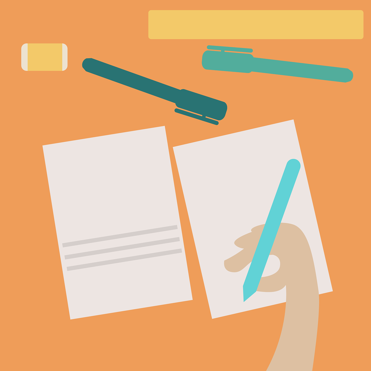 A drawing of a hand holding a light blue pen writing down answers on some white paper. There is another sheet of paper, along with a yellow ruler, yellow and white rubber, and a light blue and dark blue pen laying to the top of the two sheets of white paper. Revising for GCSE chemistry exams can be stressful.