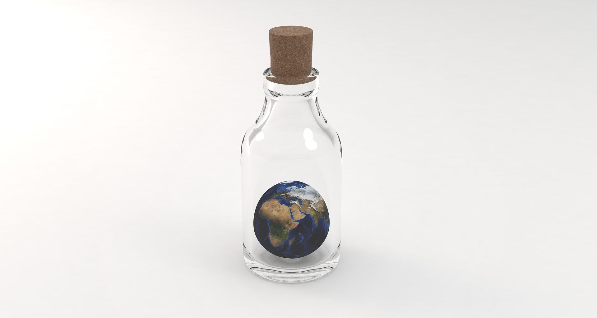 A computer generated image of the globe held within an upright glass bottle with a cork lid. Taking GCSE chemistry can teach you a lot about the world.