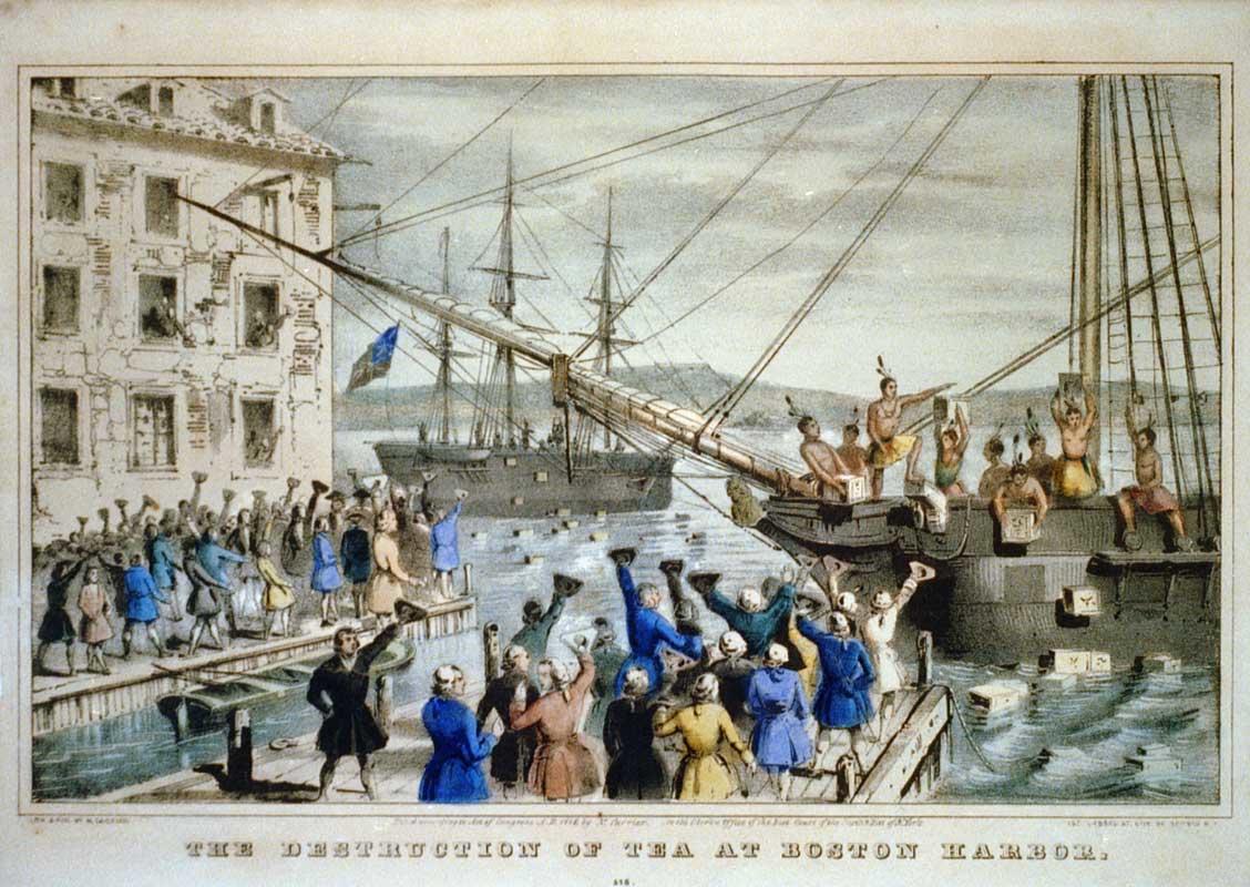A lithograph of the Boston Tea Party