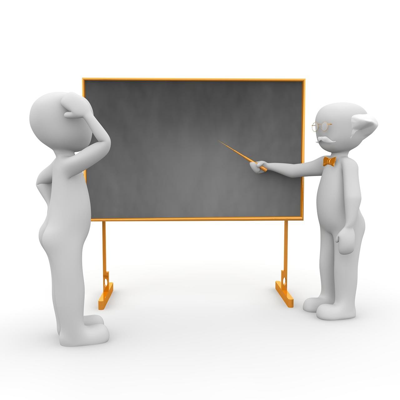 A computer generated image of two people standing next to a blackboard. The person on the left is scratching their head and the person on the right (who is wearing a bowtie and glasses) is pointing to the board with a wooden stick. A physics tutor can be helpful if you need help in physics lessons.