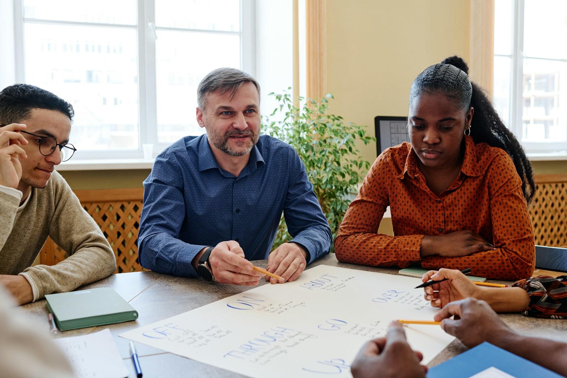 people sitting around a table discussing work