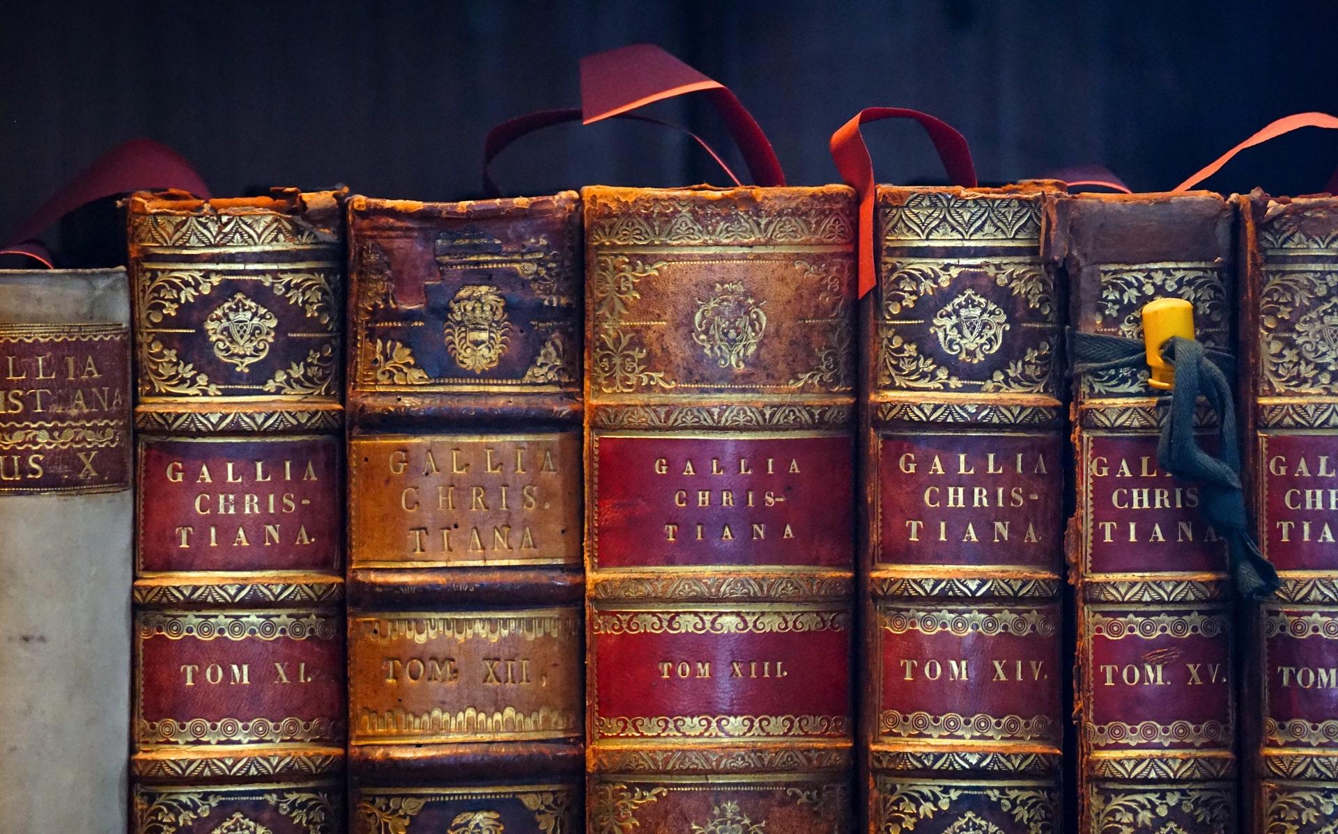 Old books in a library.