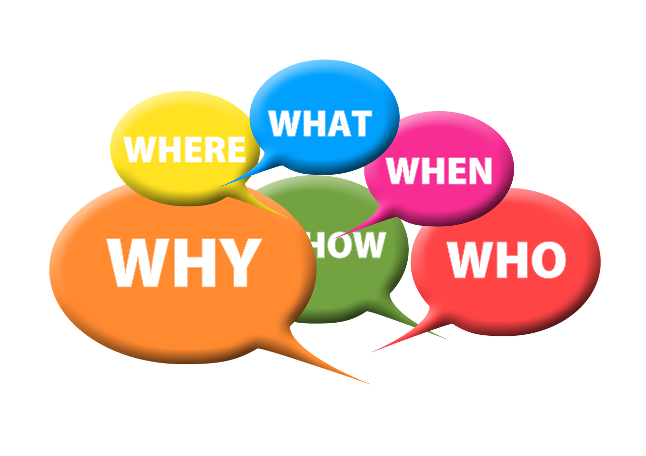 The questions "what" "where" "why" "how" "when" "who" in their own speech bubbles, which are all different colours. Beginners' Russian classes can teach you how to ask basic questions in Russian.