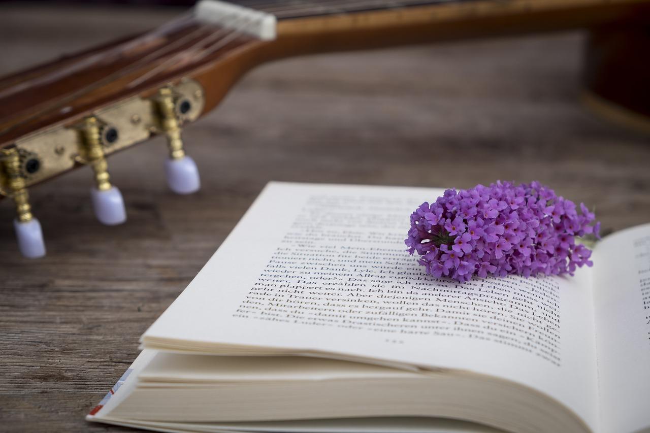 Open book with guitar in the background.