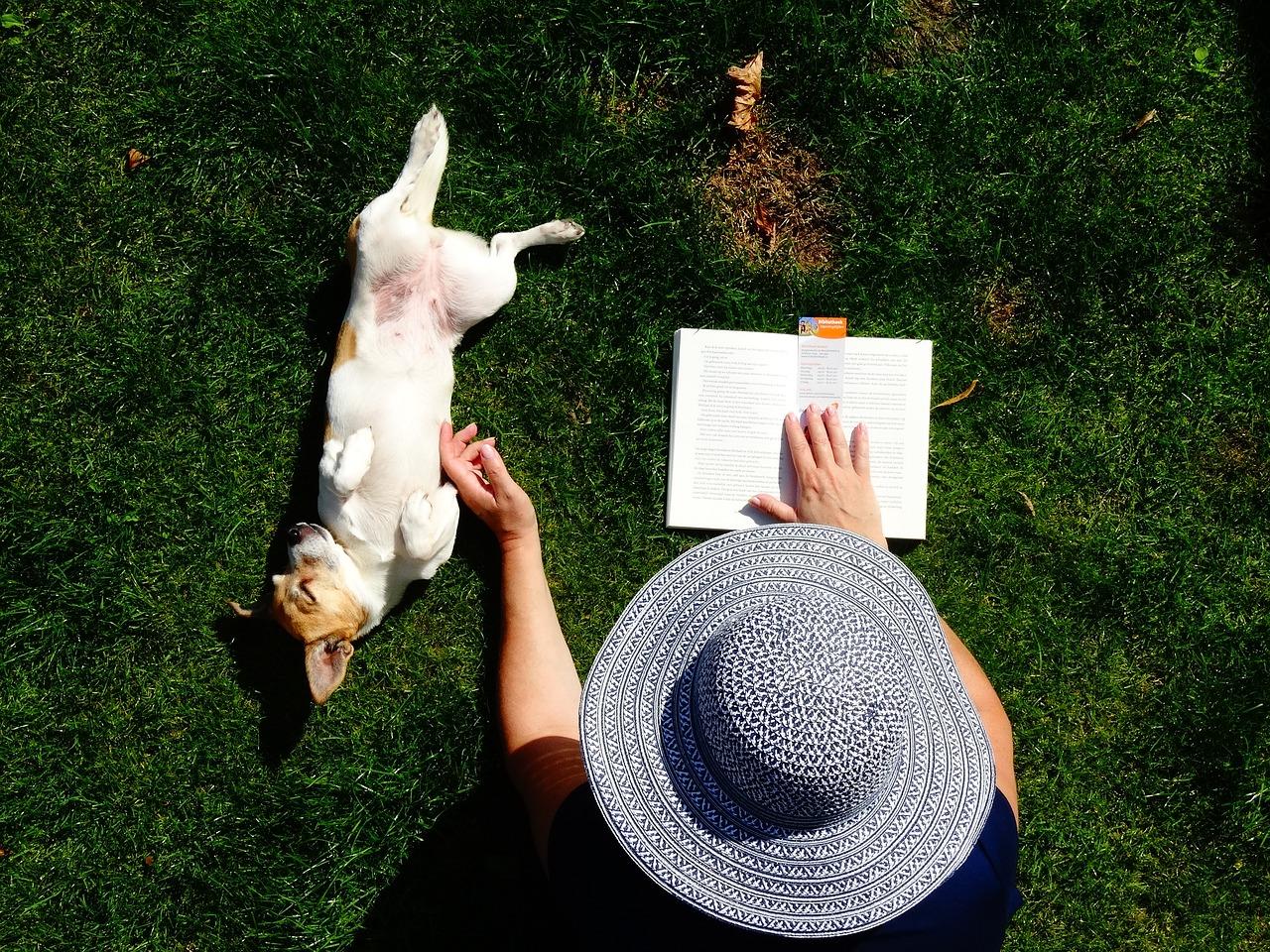 A woman reads biology whilst stroking dog.