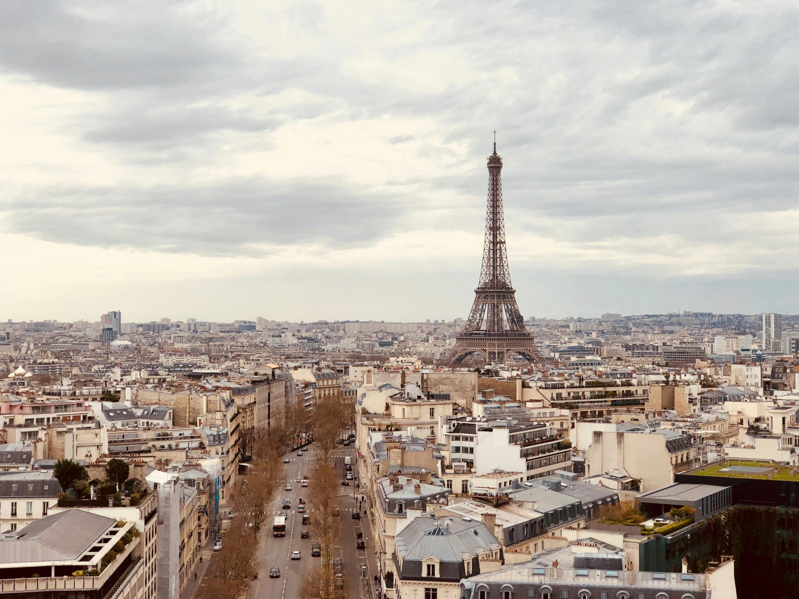 A panoramic view of Paris with the Eiffel Tower and surrounding buildings under a cloudy sky