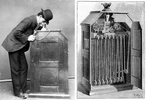 The Kinetoscope is an early motion picture exhibition device, designed for films to be viewed by one person at a time through a peephole viewer window.