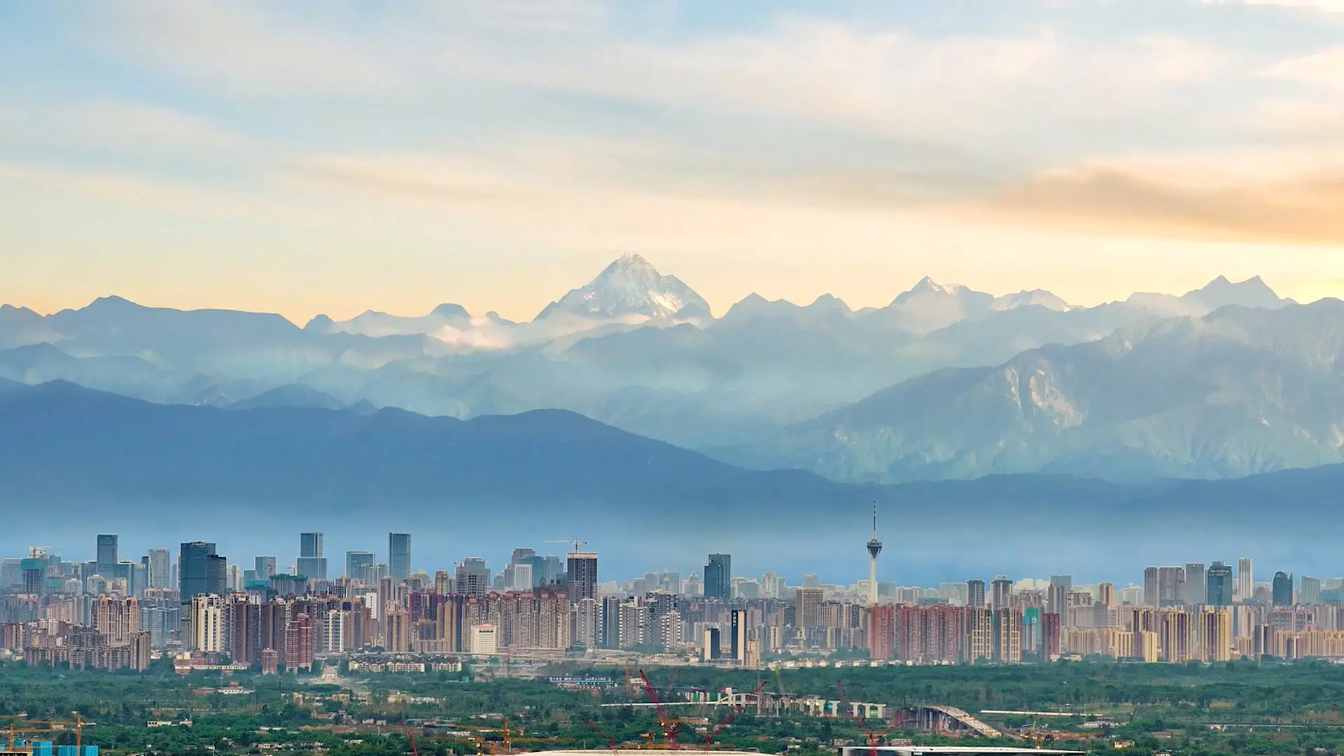 chengdu skyline of the city and mountains