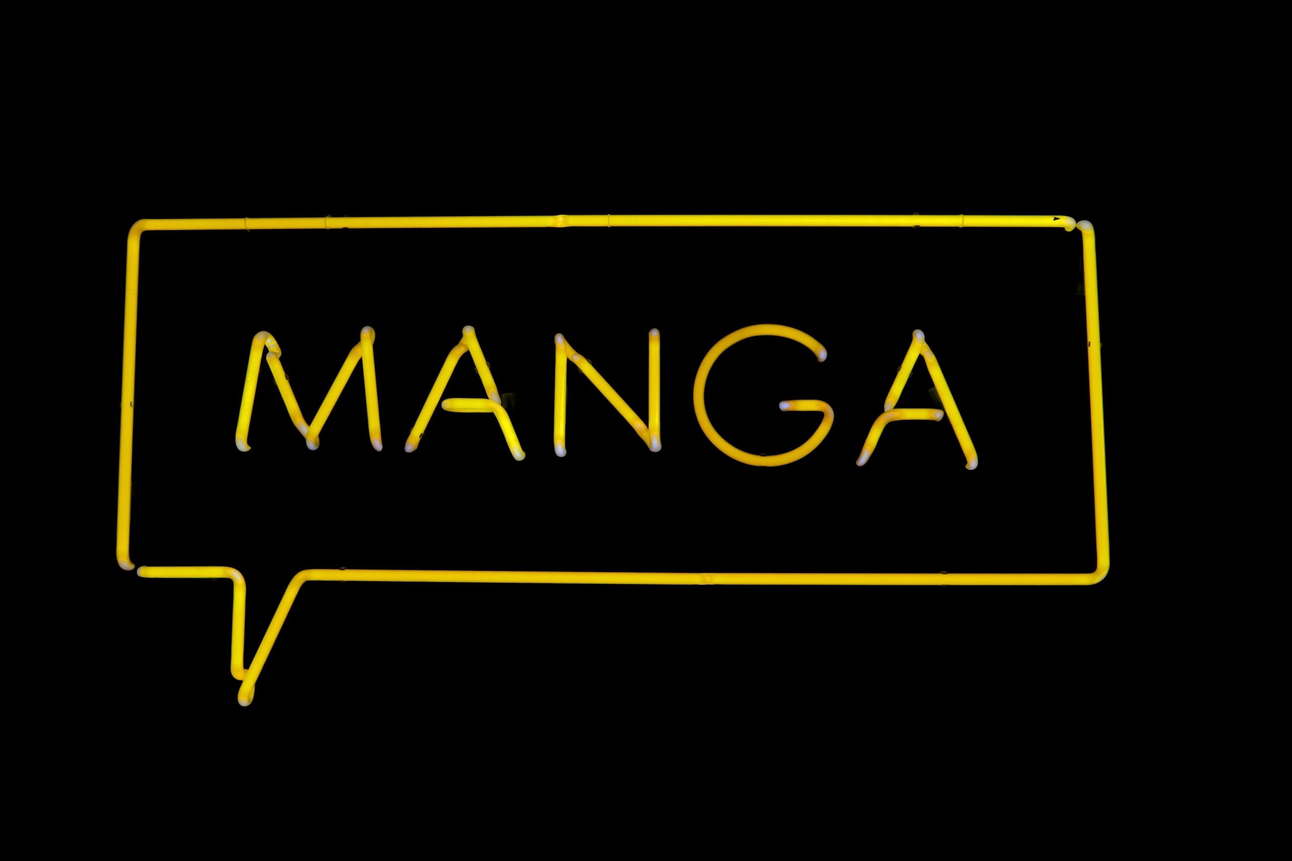 A neon sign reads 'manga'