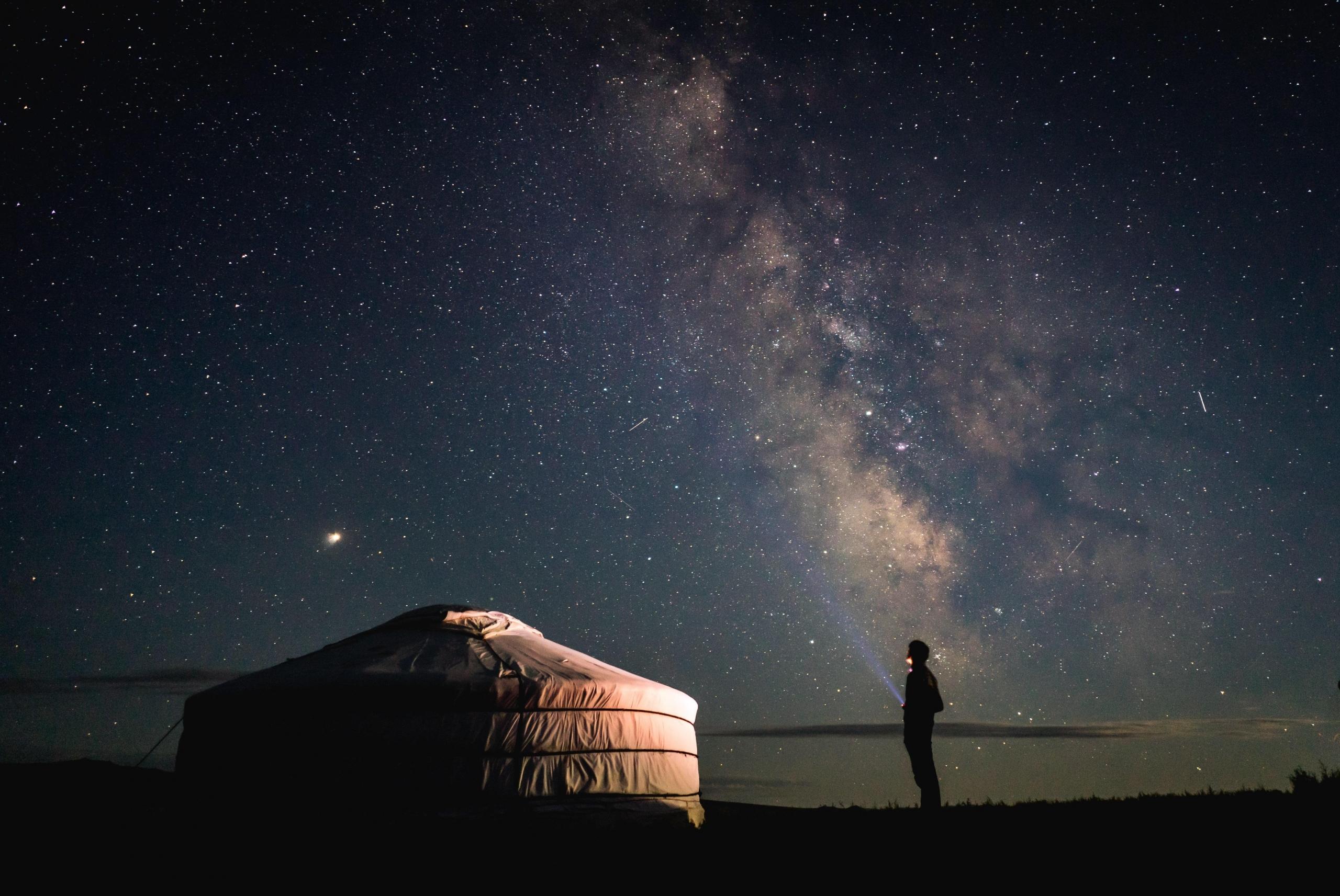 A tent on the Mongolian plain beneath starry sky