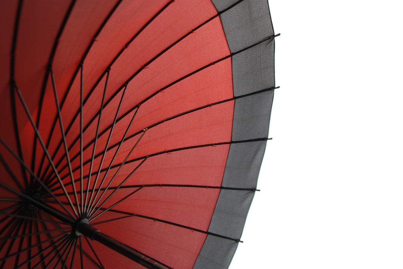A red umbrella with a black rim