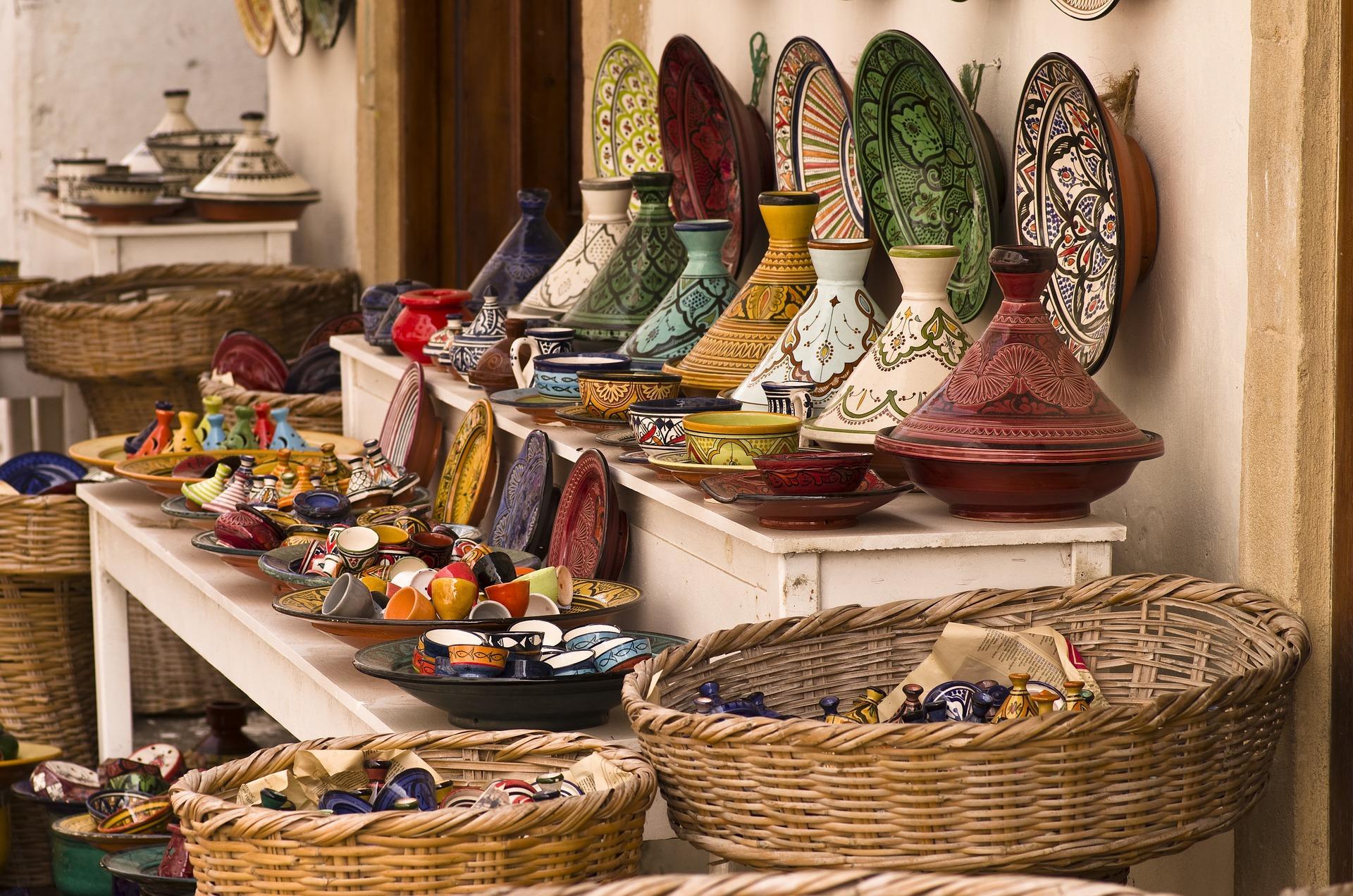 Moroccan ceramics lined up on a shelf