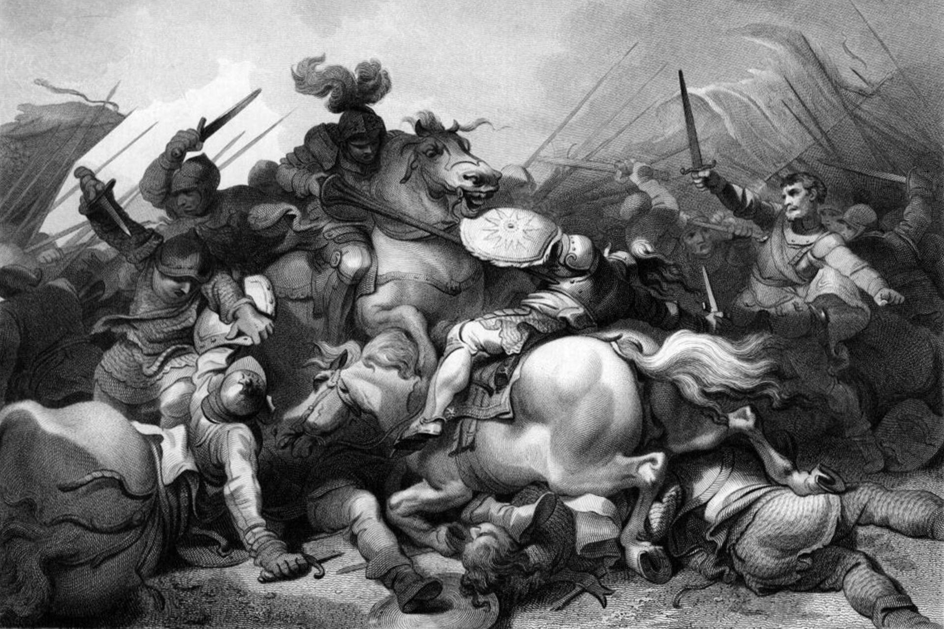 Historical illustration of mounted and foot soldiers fighting with swords and spears during the Battle of Bosworth Field.