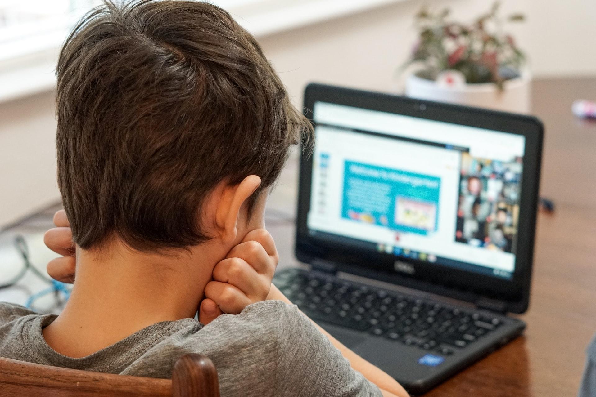 A boy in a grey shirt sitting in front of an open laptop, looking bored as he engages in distance learning