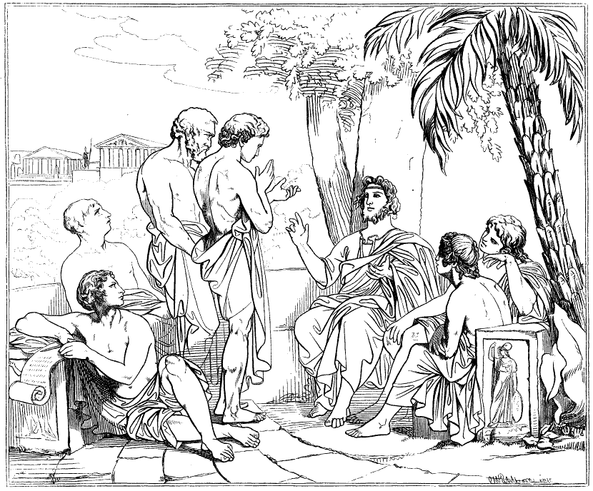 A pencil sketch depicting Plato's School, with Plato sitting under a palm tree while four students sit, looking at him and two more stand. 