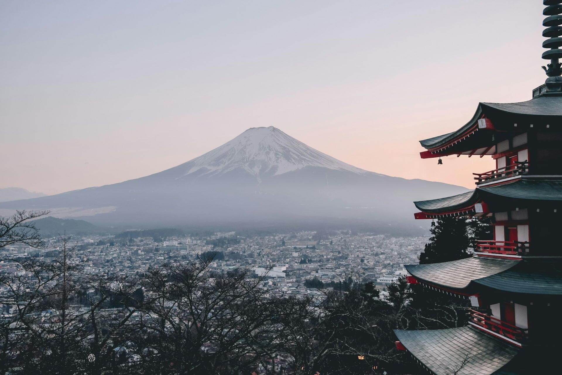 A view of Mount Fuji and a Pagoda.