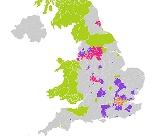 England's voting map shows small pockets of voting in this cycle.