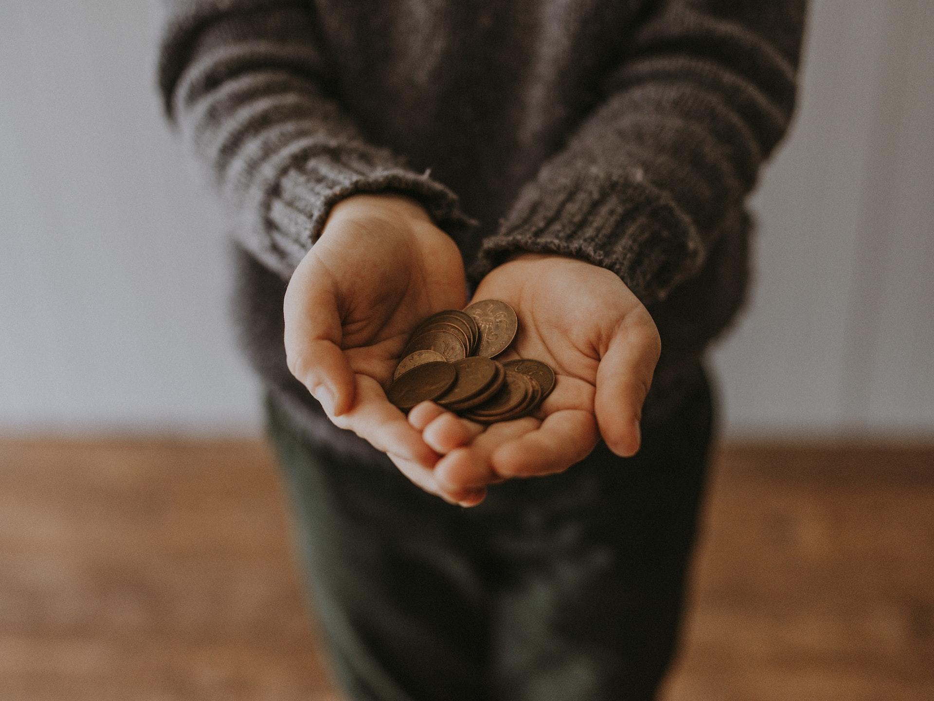 copper-coloured coins in a person's extended hands