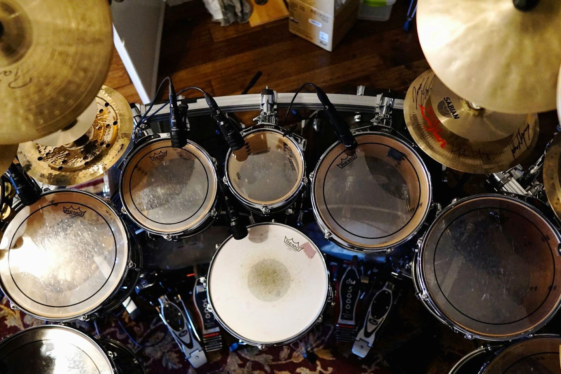 A drum kit as seen from above.