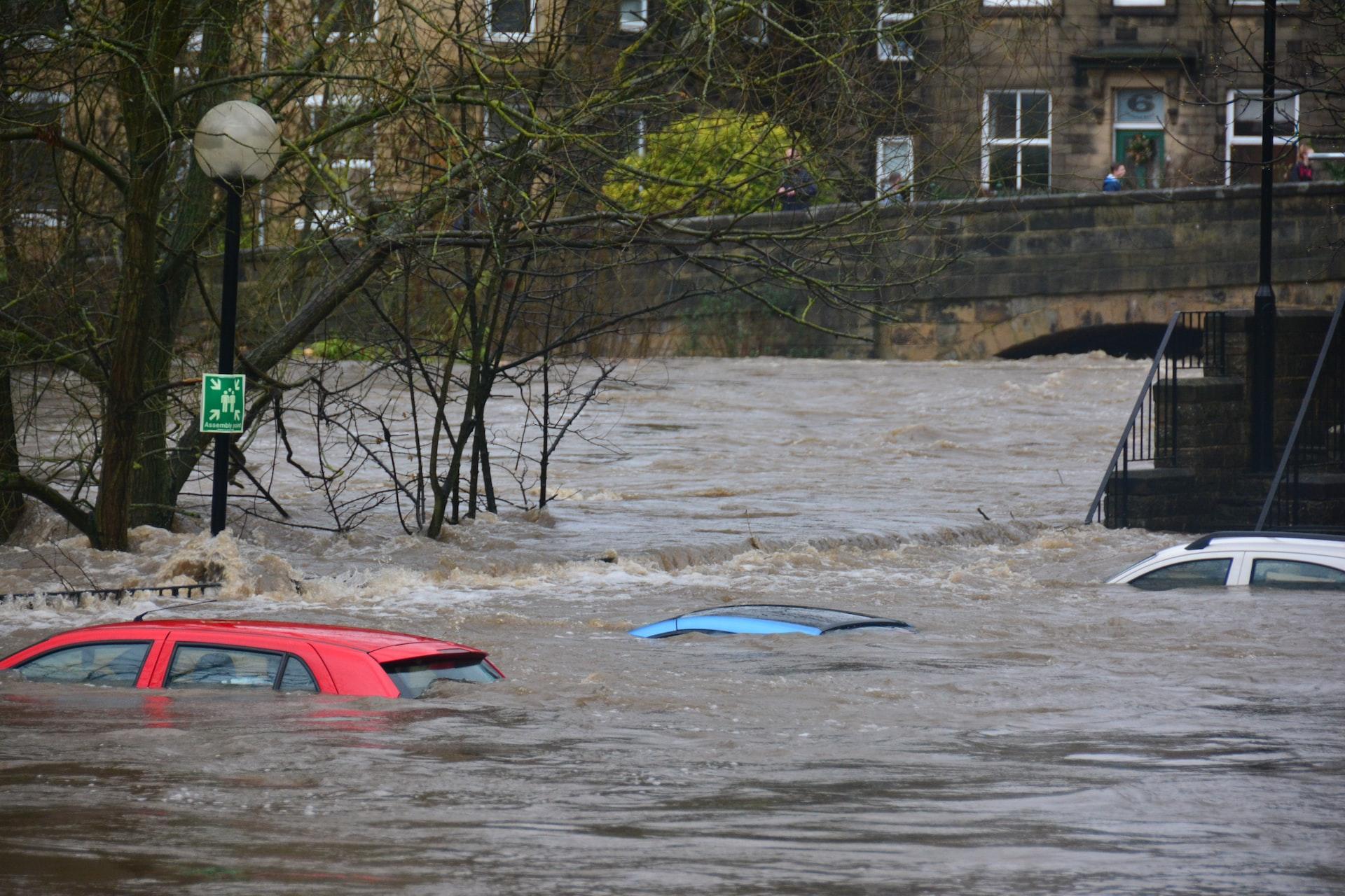 A flooded street with red, blue and white car roofs showing
