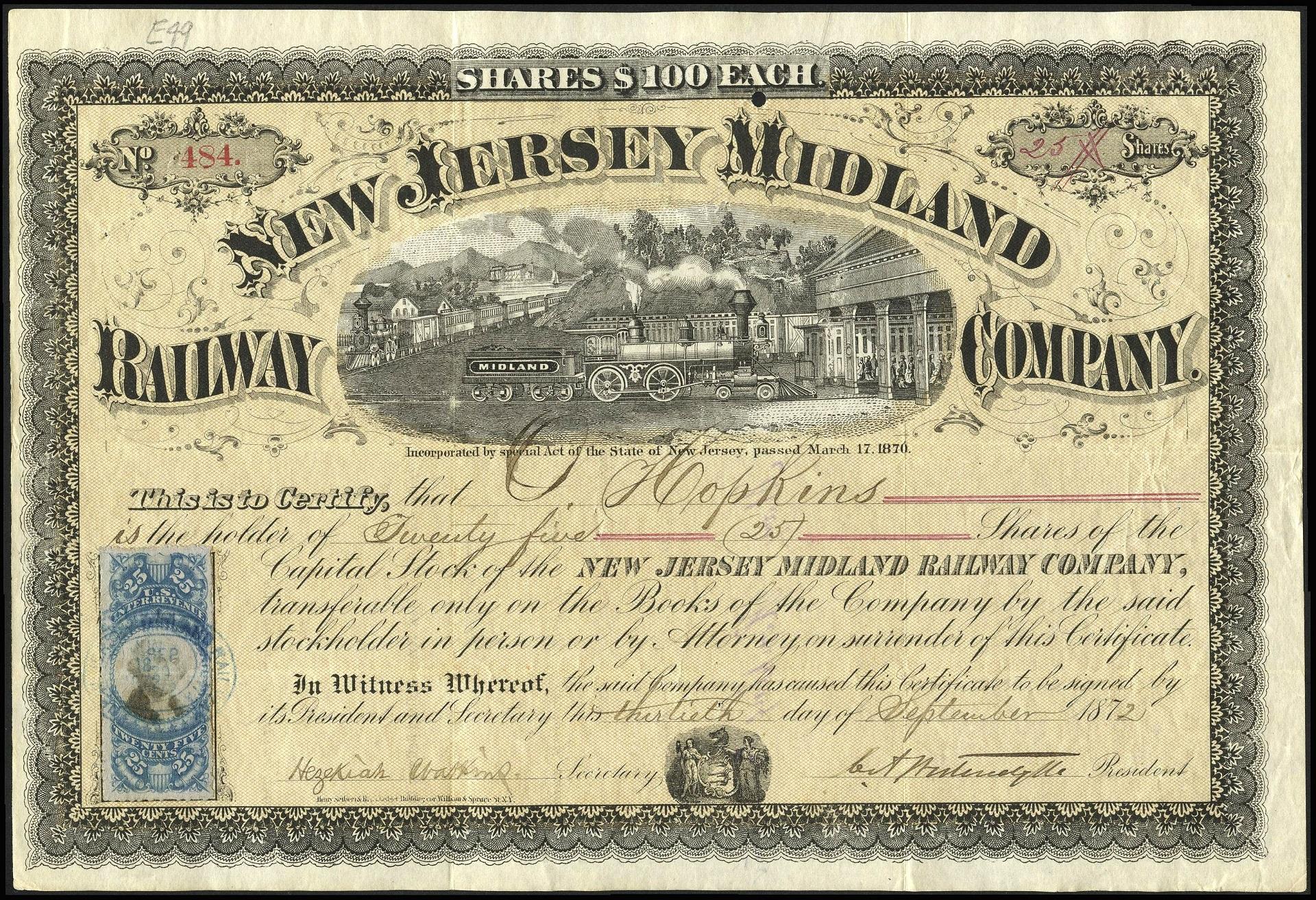 A stock certificate from the Midland Railway Co