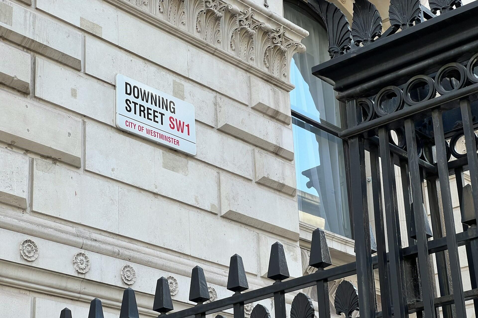 The street sign for Downing Street, London, UK.