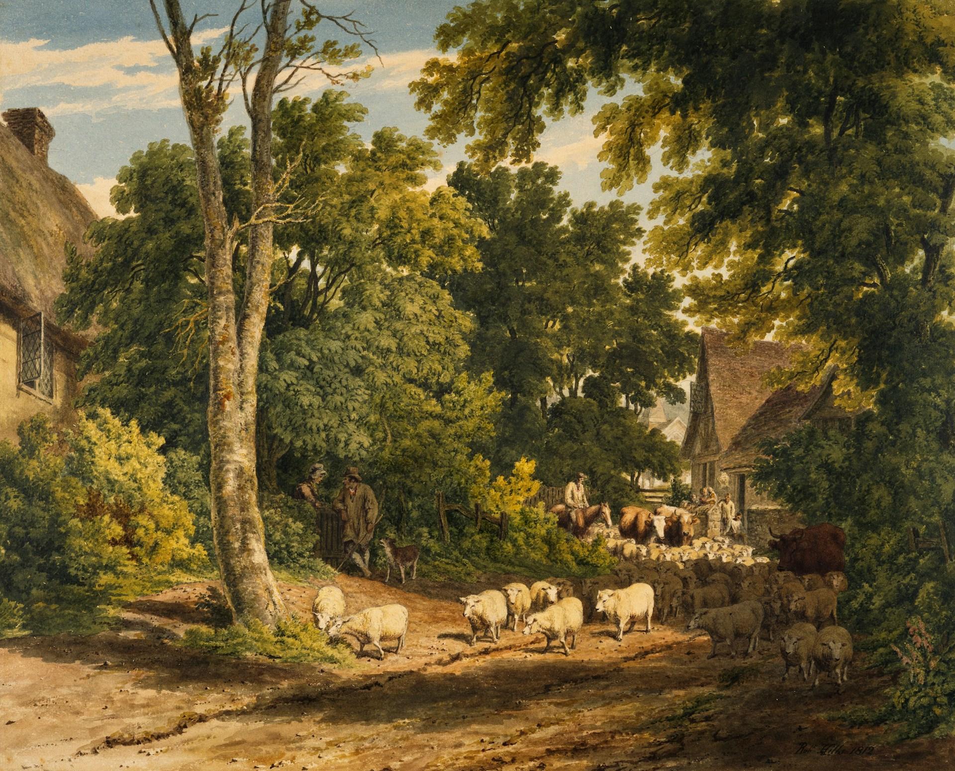 A scenic painting of a farm with sheep grazing in the fields, while people work in the background.