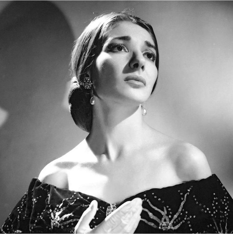 A black and white photo of Maria Callas.