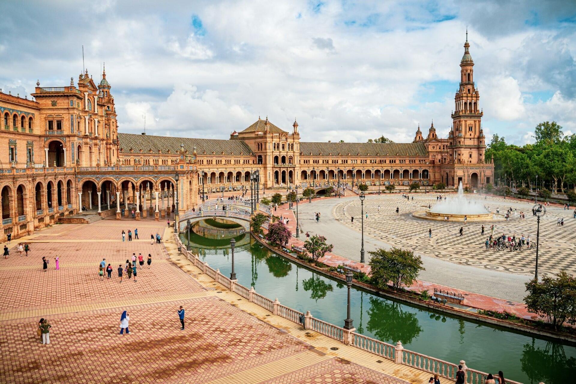 Plaza de España in Seville with historic architecture and canal