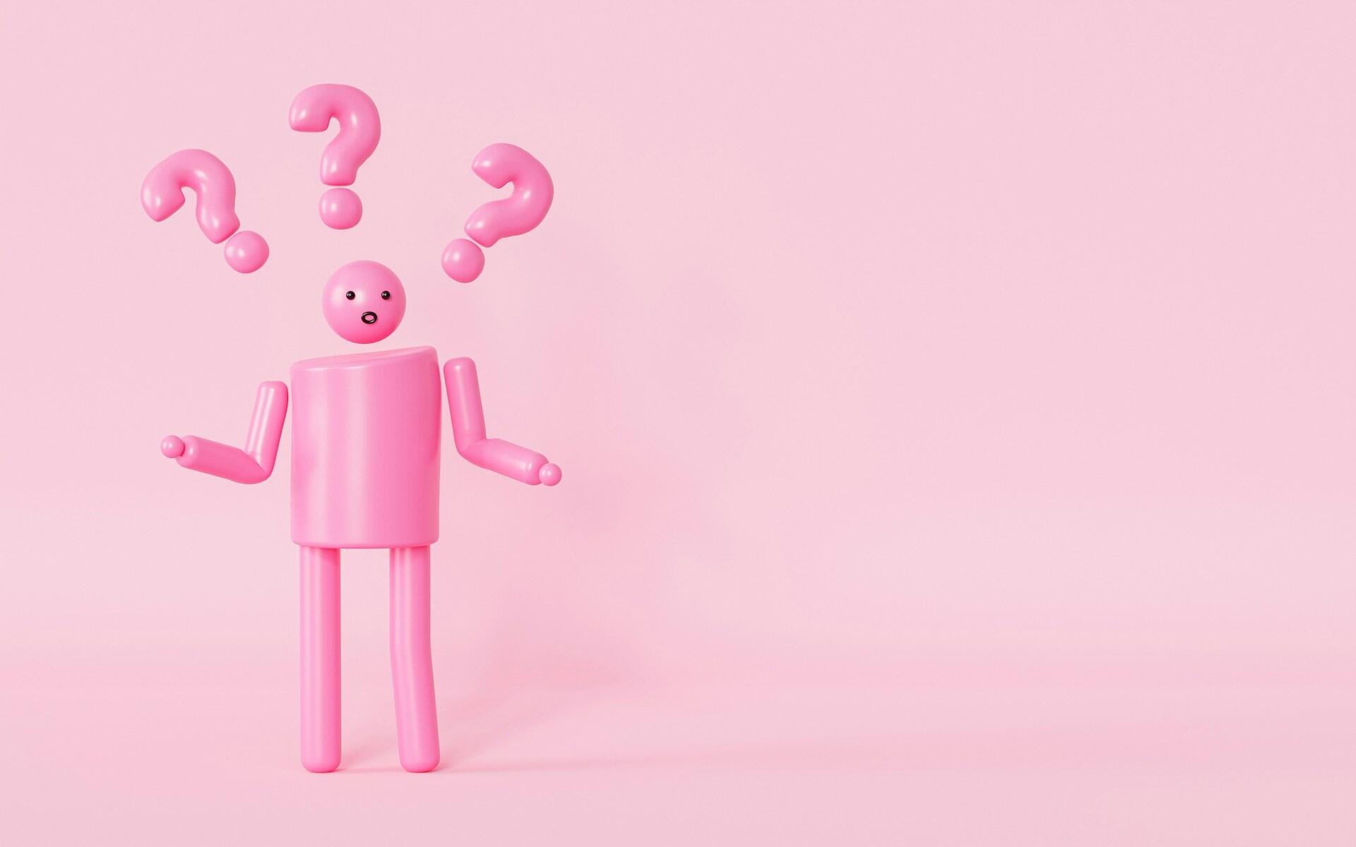 A figure with mouth open and question marks above its head. 