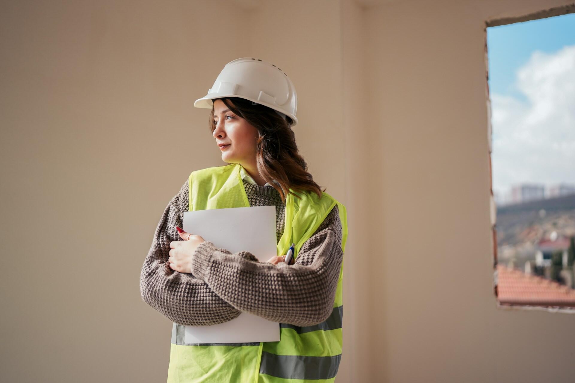 A person with long hair, wearing a white hard hat and yellow safety vest, holds a clipboard in her crossed arms.