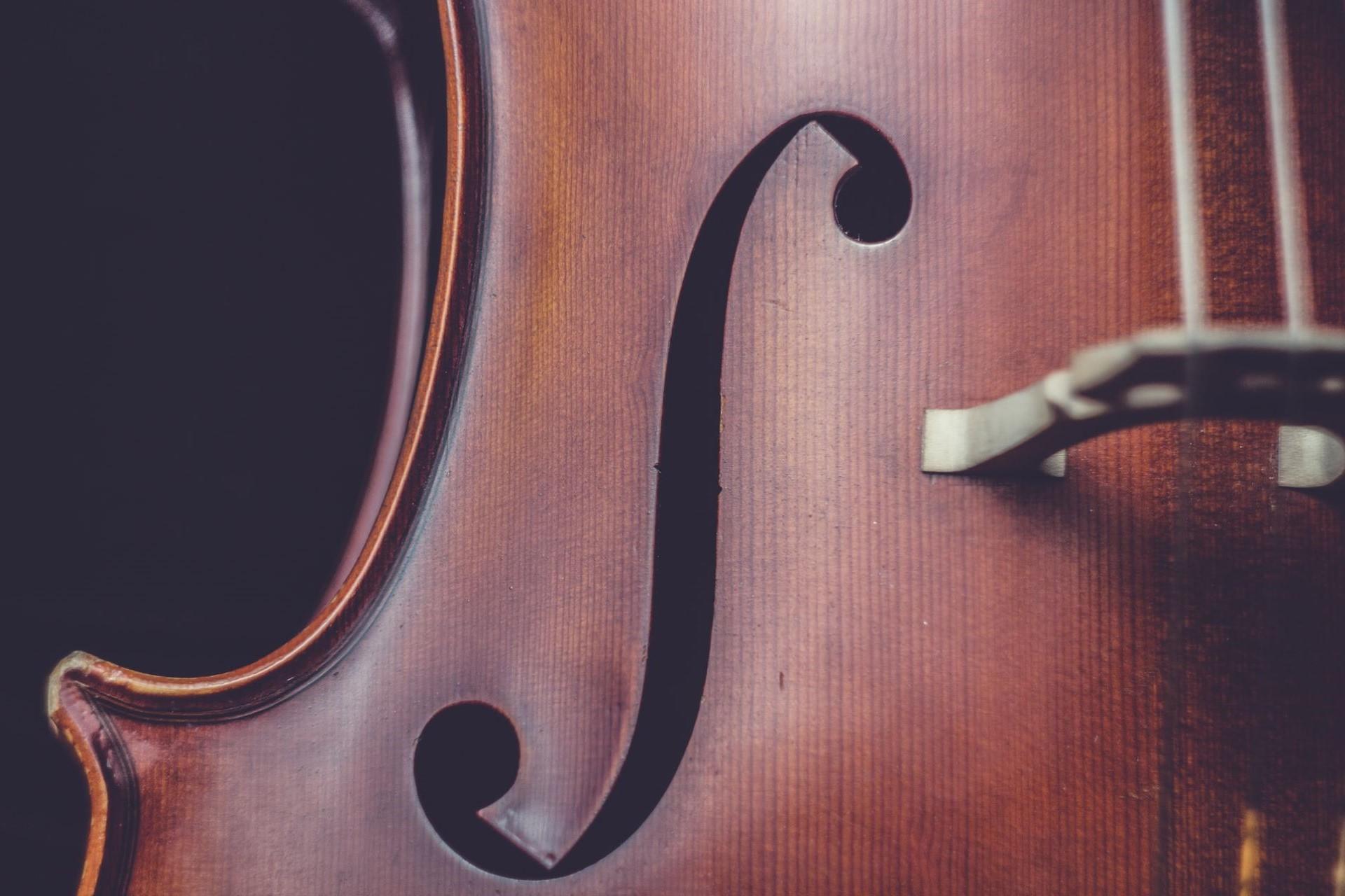 A closeup of a violin and its f-hole.