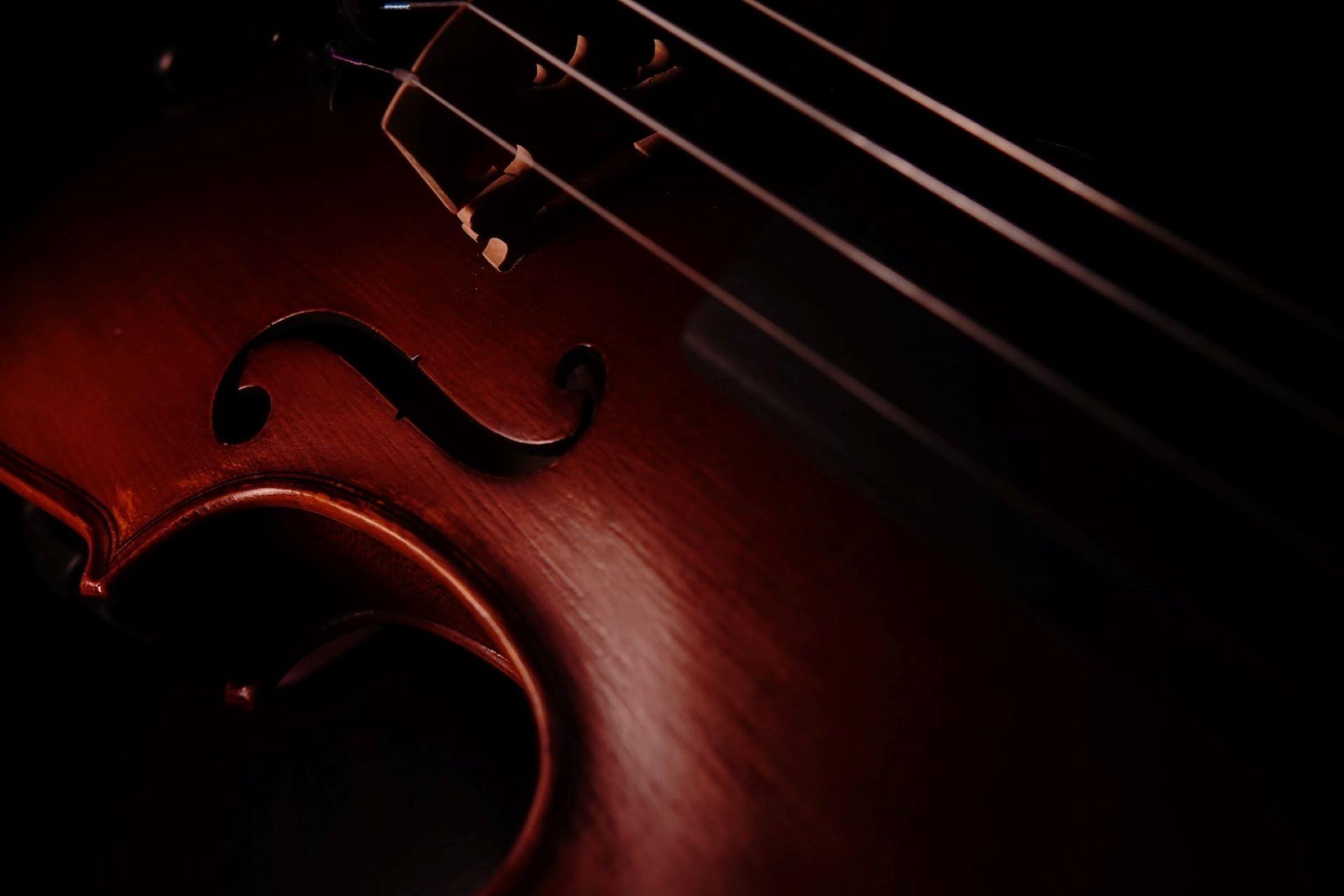 A closeup of a violin in the dark.