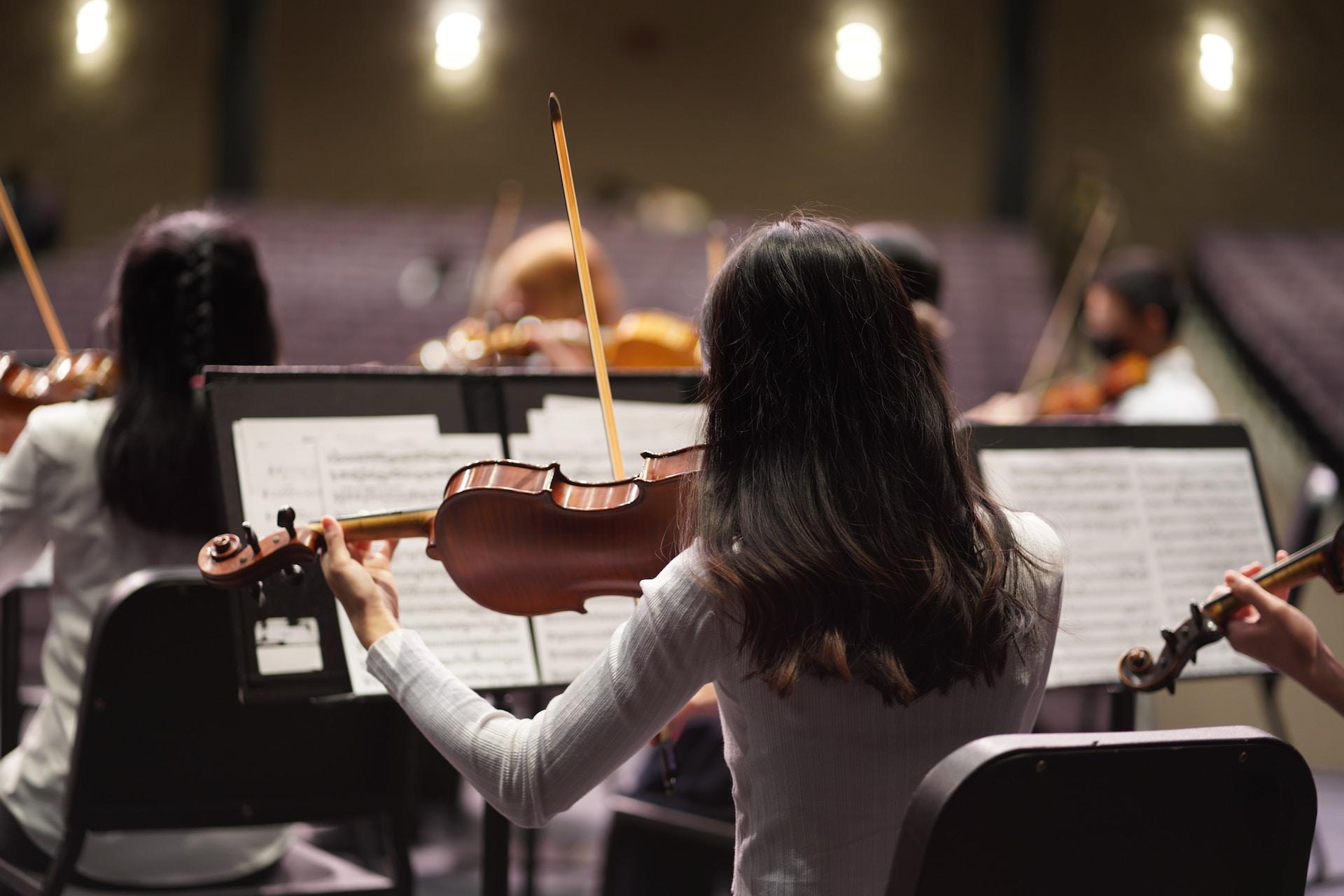 Violinists performing in an orchestra.