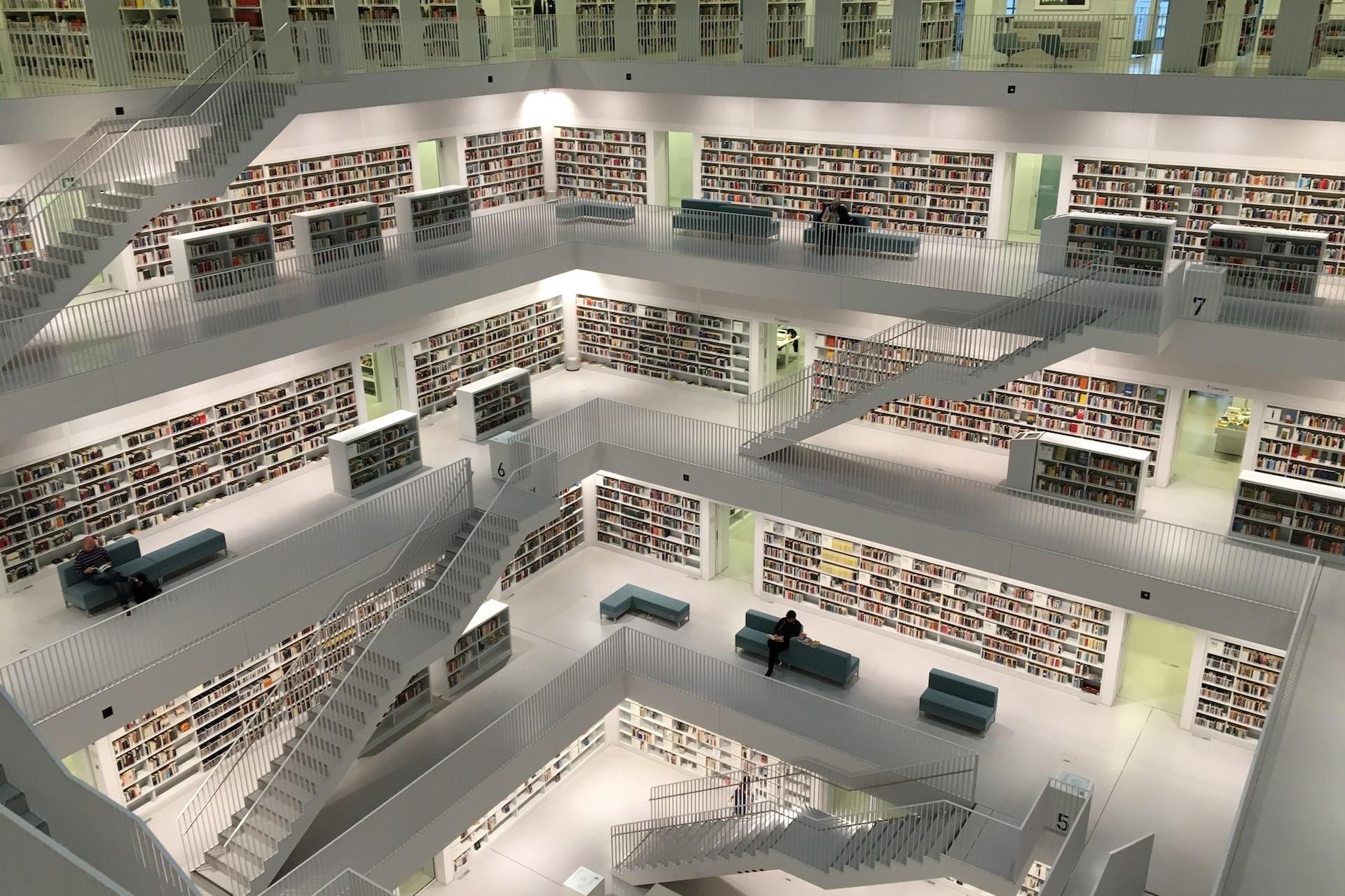 Several stories in a library.