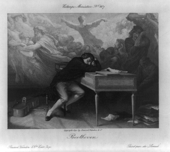 An engraving of Beethoven at his piano