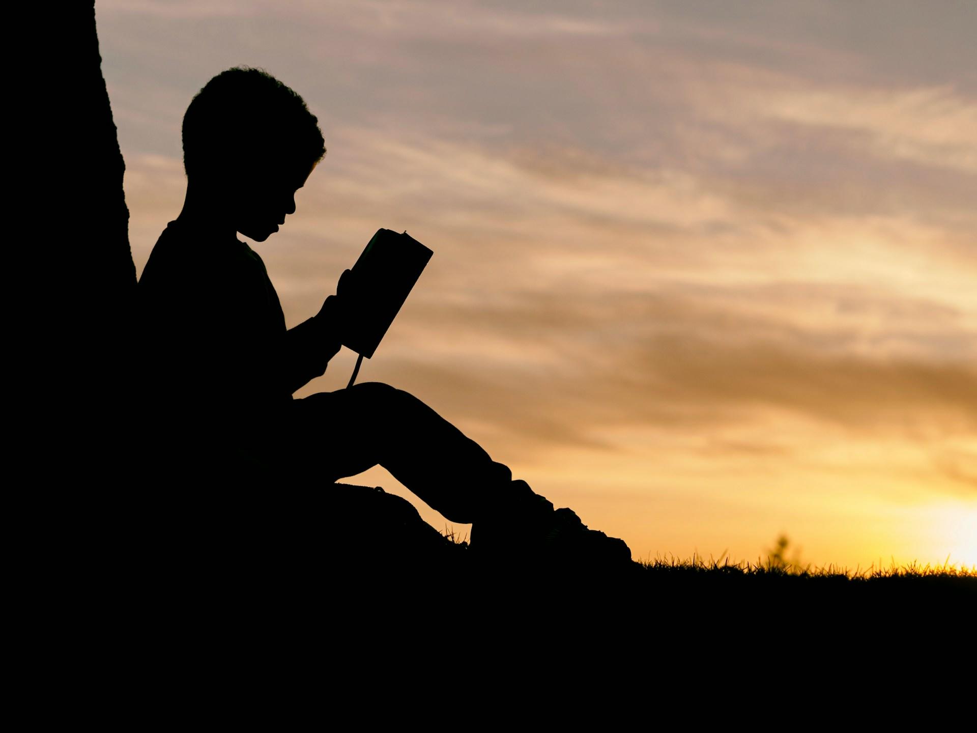A child sitting with their back against a tall shape and holding a book seen in black silhouette against an orange sky.