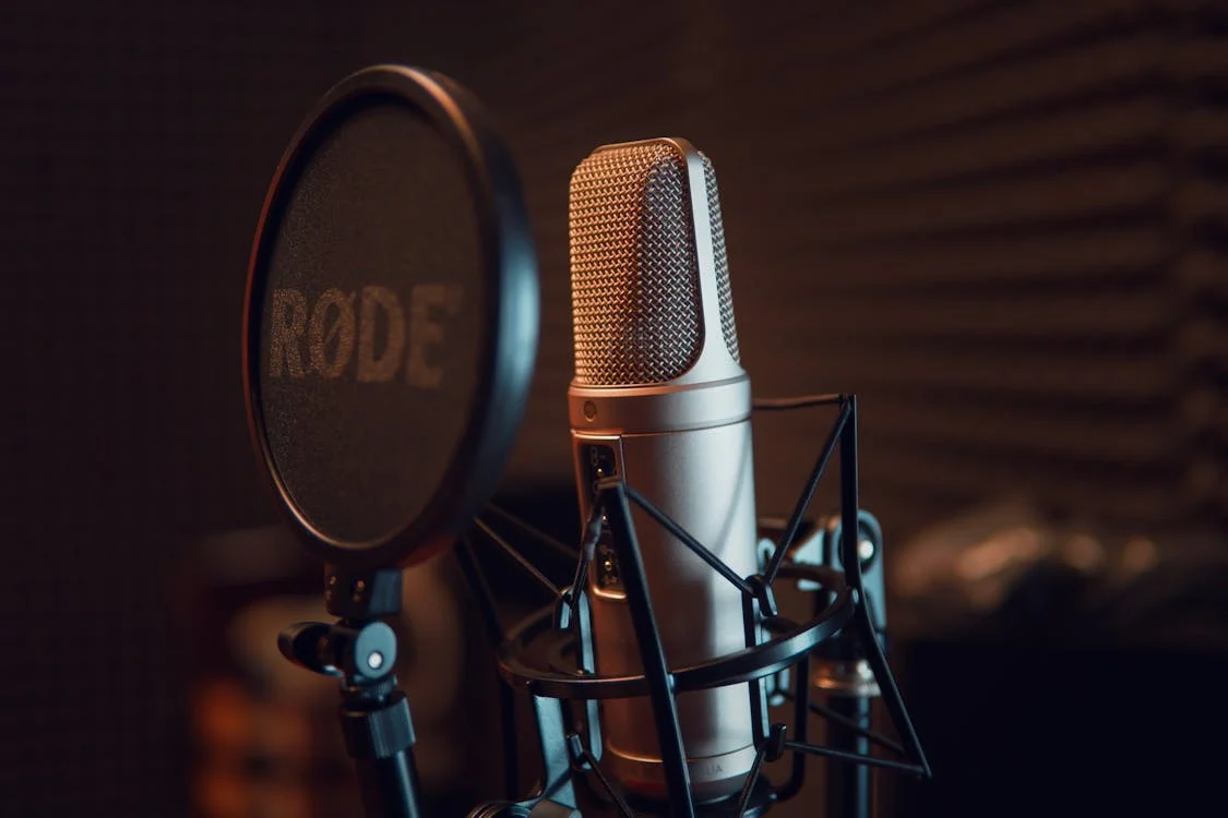 A silver microphone on a black stand