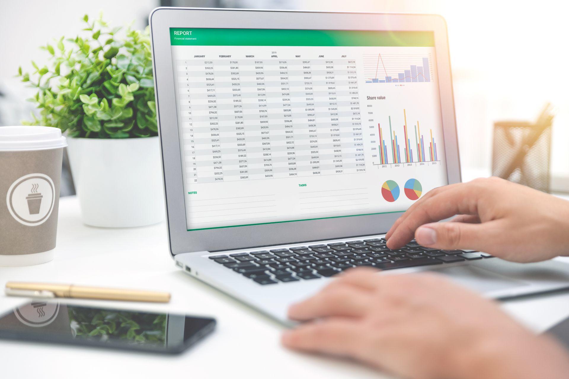 A person using Excel on a laptop making a spreadsheet and graphs