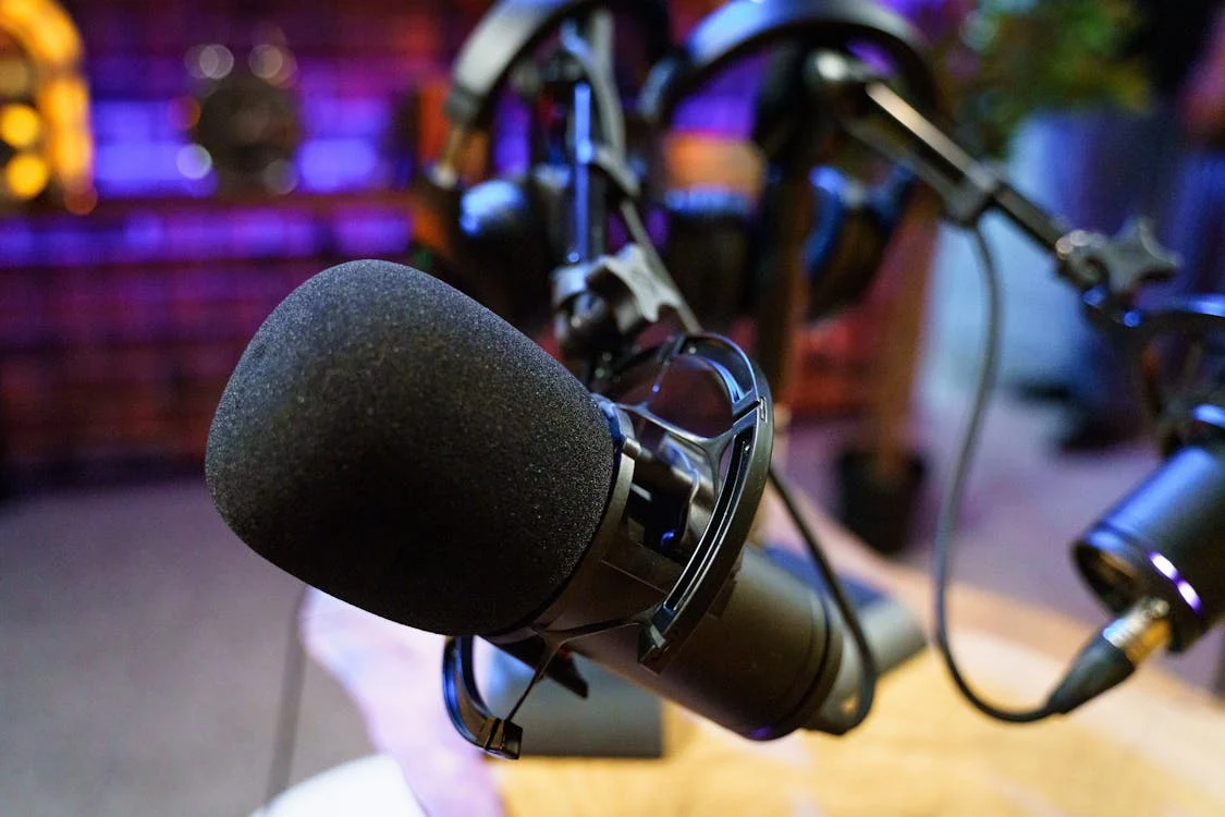A photo of a condenser microphone in a recording studio.