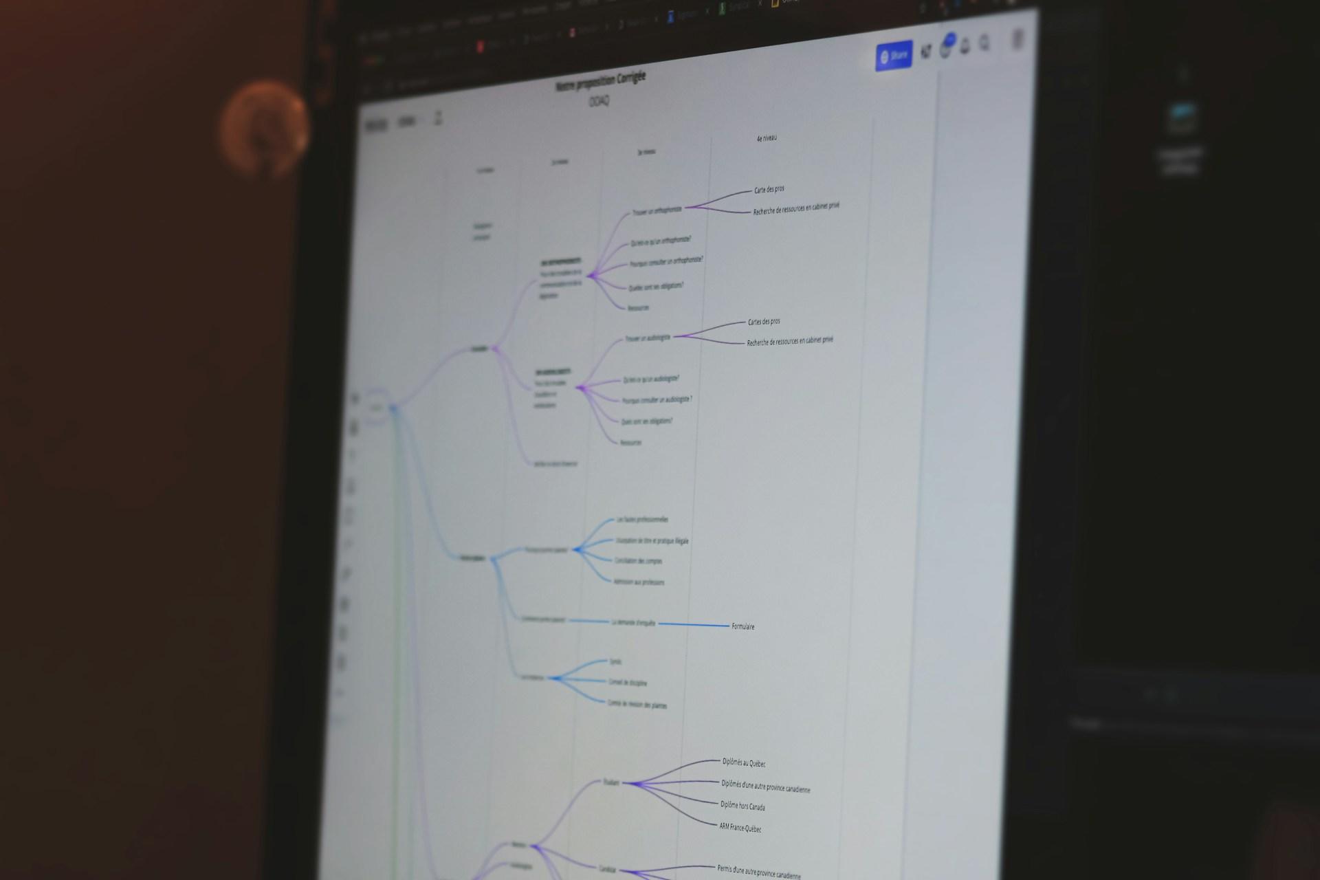 A computer screen displaying a mind map with connections drawn in blue and purple arrows that point to keywords.