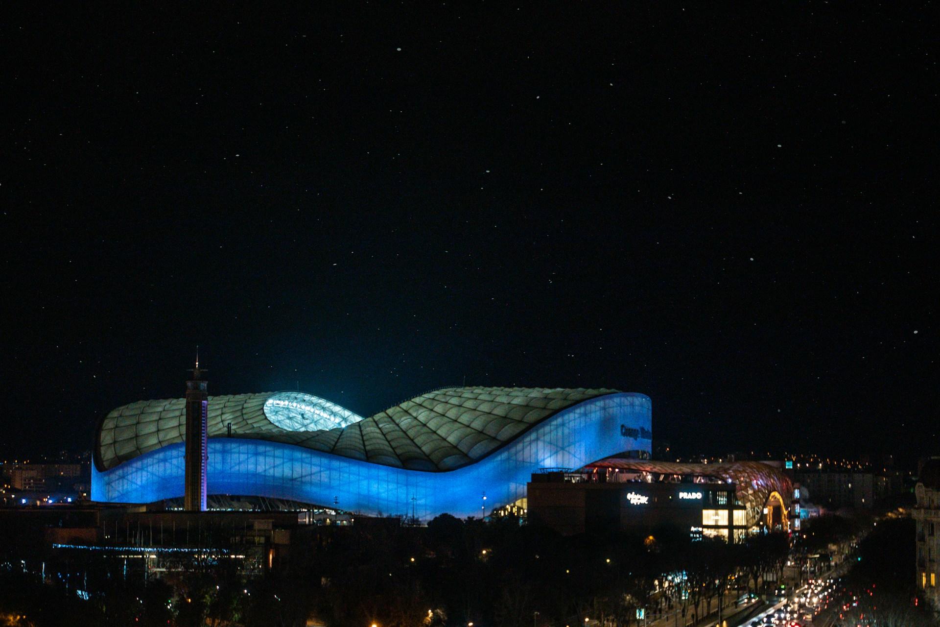 A view of Olympique de Marseille's stadium at night.