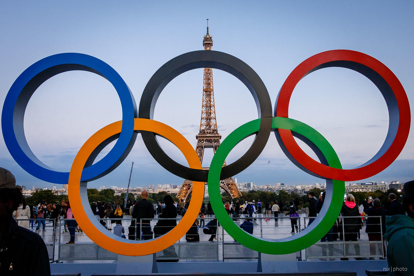 Rings of the Paris Olympics in front of the Eiffel tower