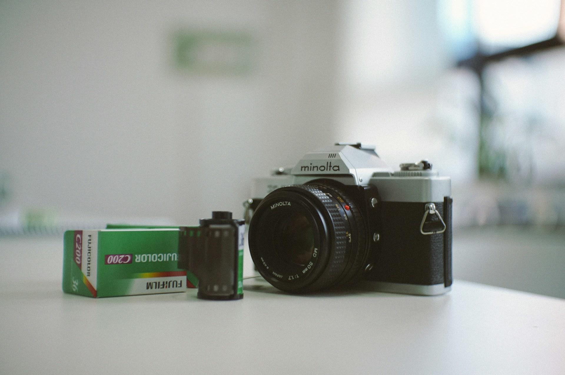 A film camera on a counter.