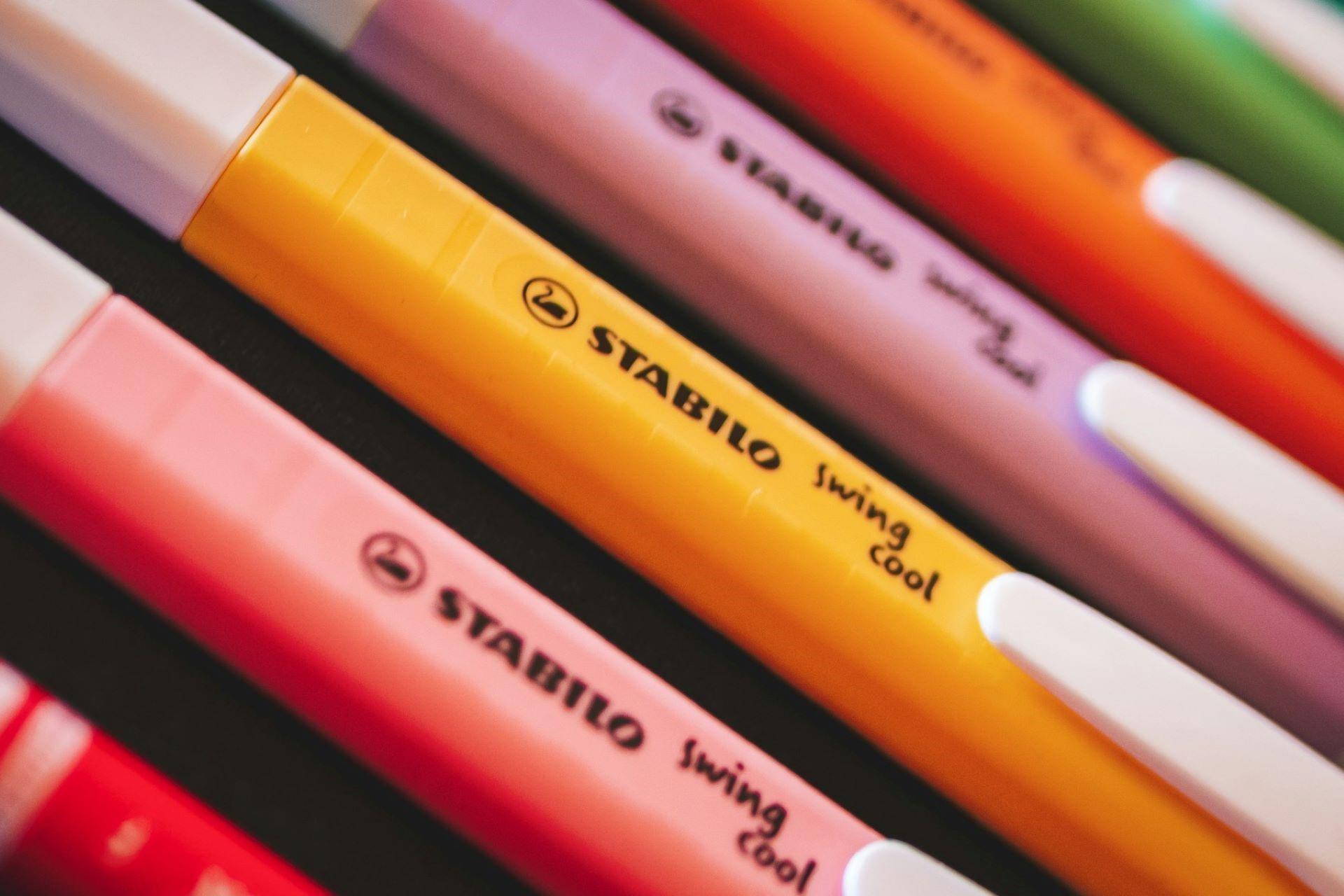 Several Stabilo highlighter pens.