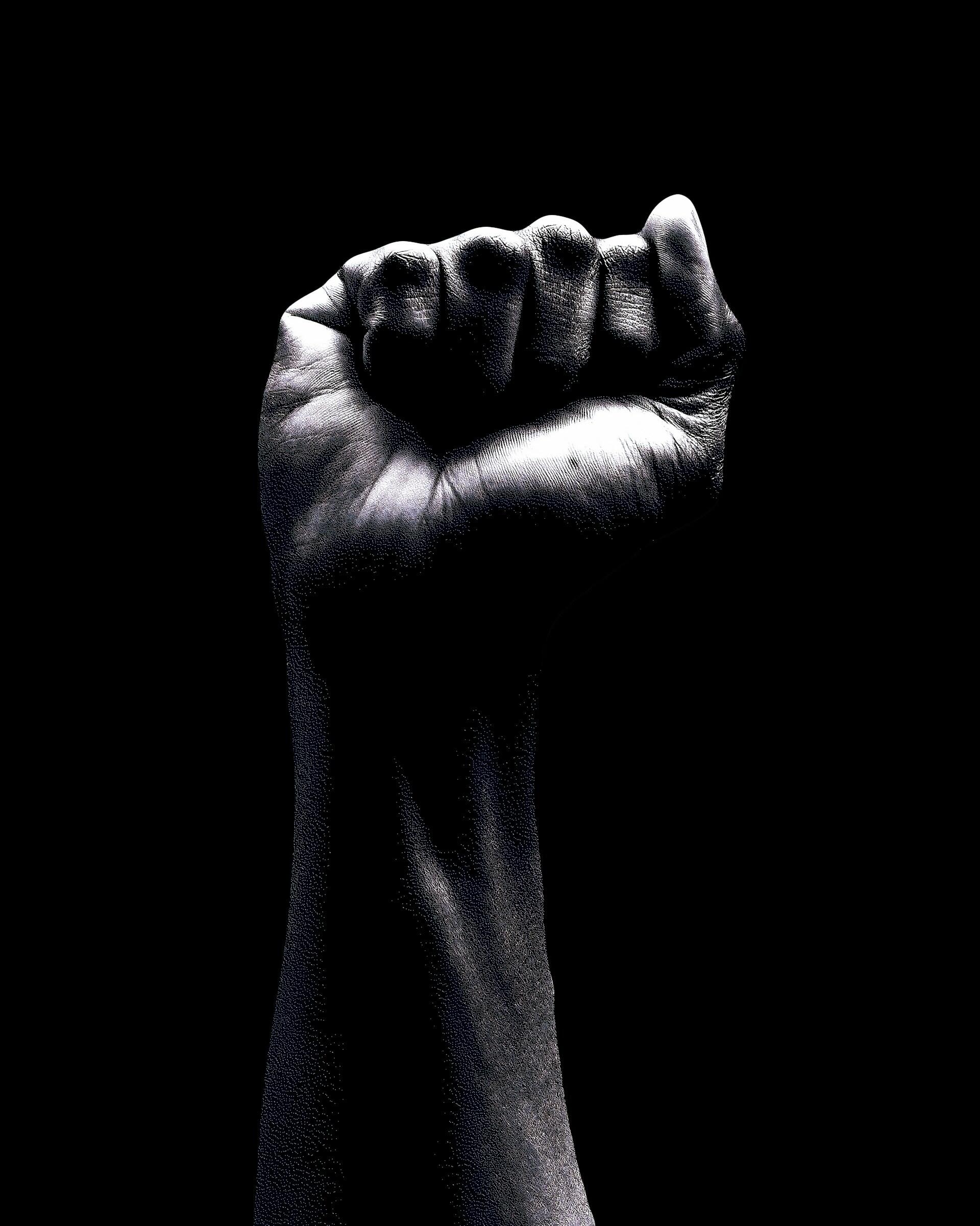 black and white photo of a clenched fist held up vertically